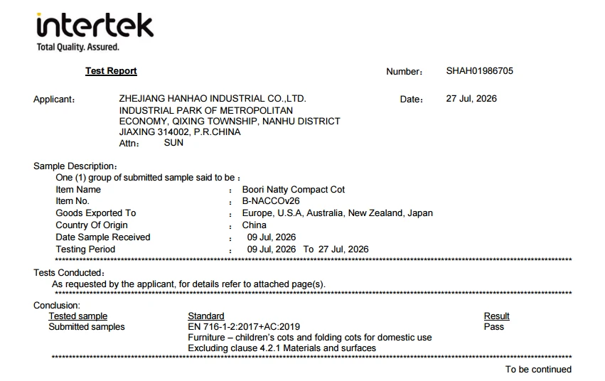 Official Intertek EN 716 test report pass certificate for wooden baby cot manufacturing. Official Intertek EN 716 test report pass certificate for wooden baby cot manufacturing.